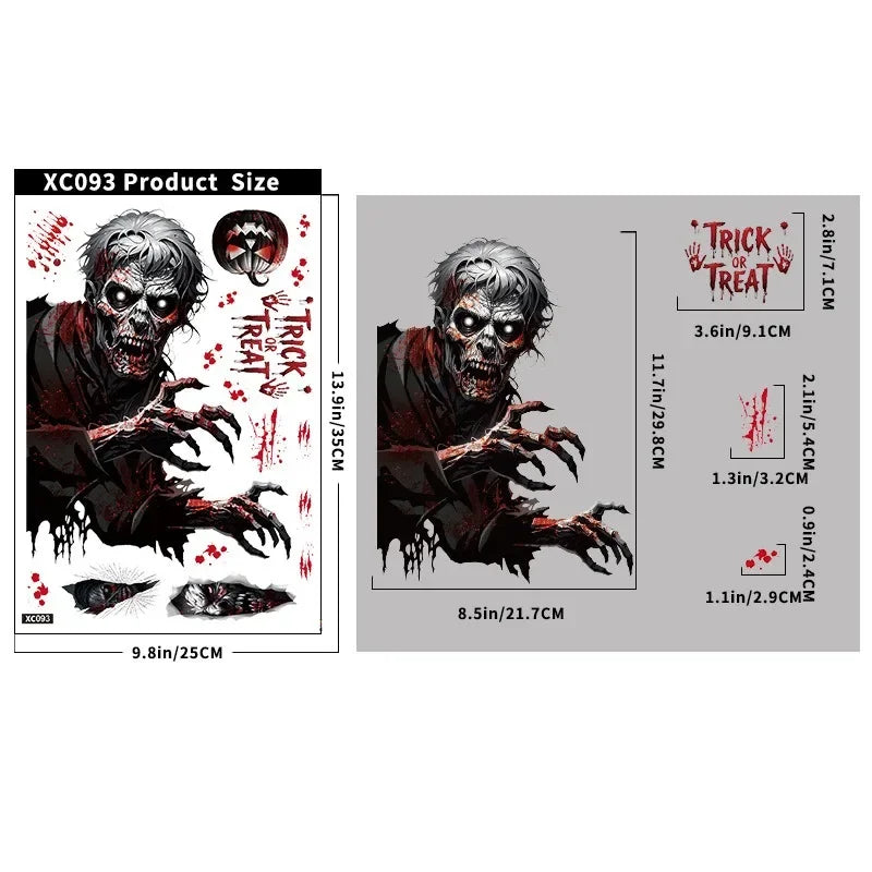 Autocollants de fenêtre HorrorPumpkins | Ensemble d'autocollants Halloween | Citrouille, crâne, empreintes de mains ensanglantées & chauves-souris | Réutilisables
