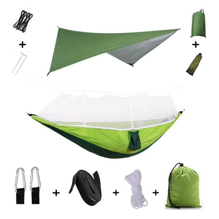 Trekviva Hamac de Camping | Filet anti-moustiques intégré & Tarp de pluie | Ultra léger & Résistant | Solution 3-en-1 pour l'extérieur