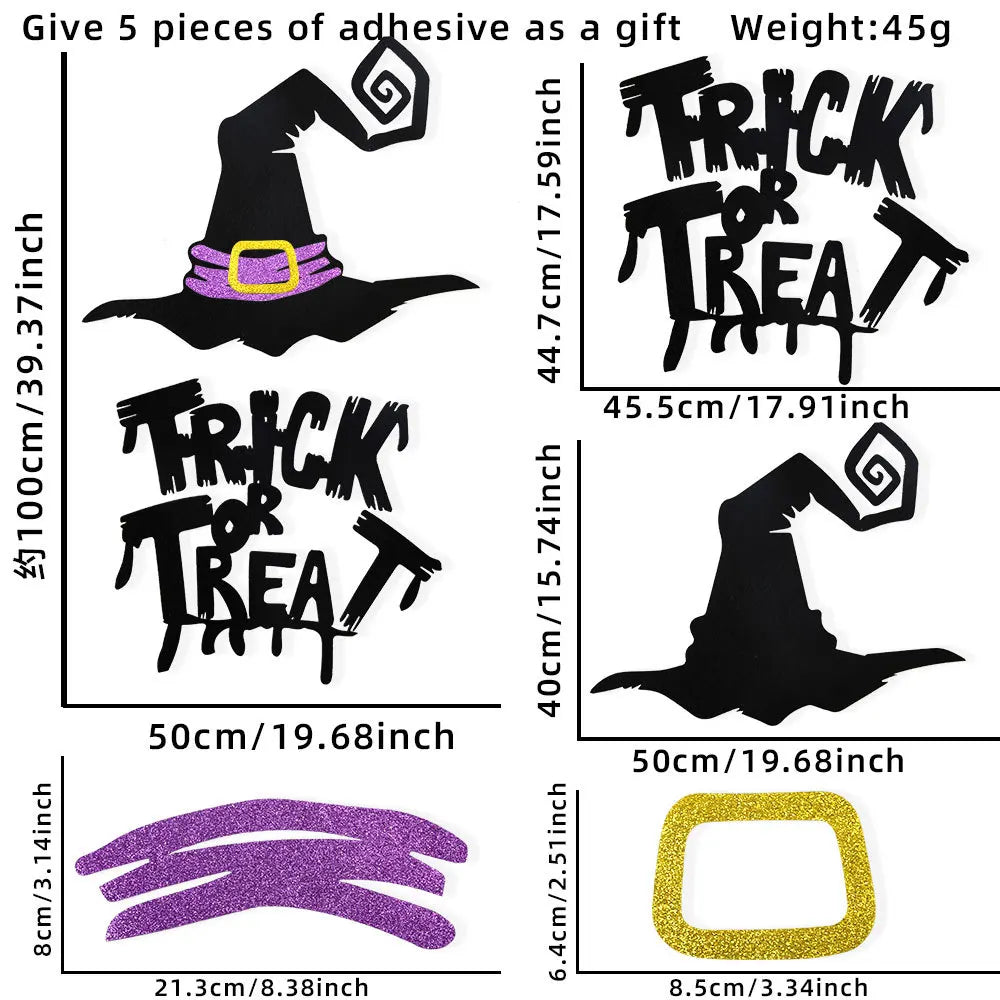 Halloween-Deko SpookyStick | Autocollants en feutre pour portes, fenêtres et murs | Citrouille, fantôme, chapeau de sorcière & main de squelette