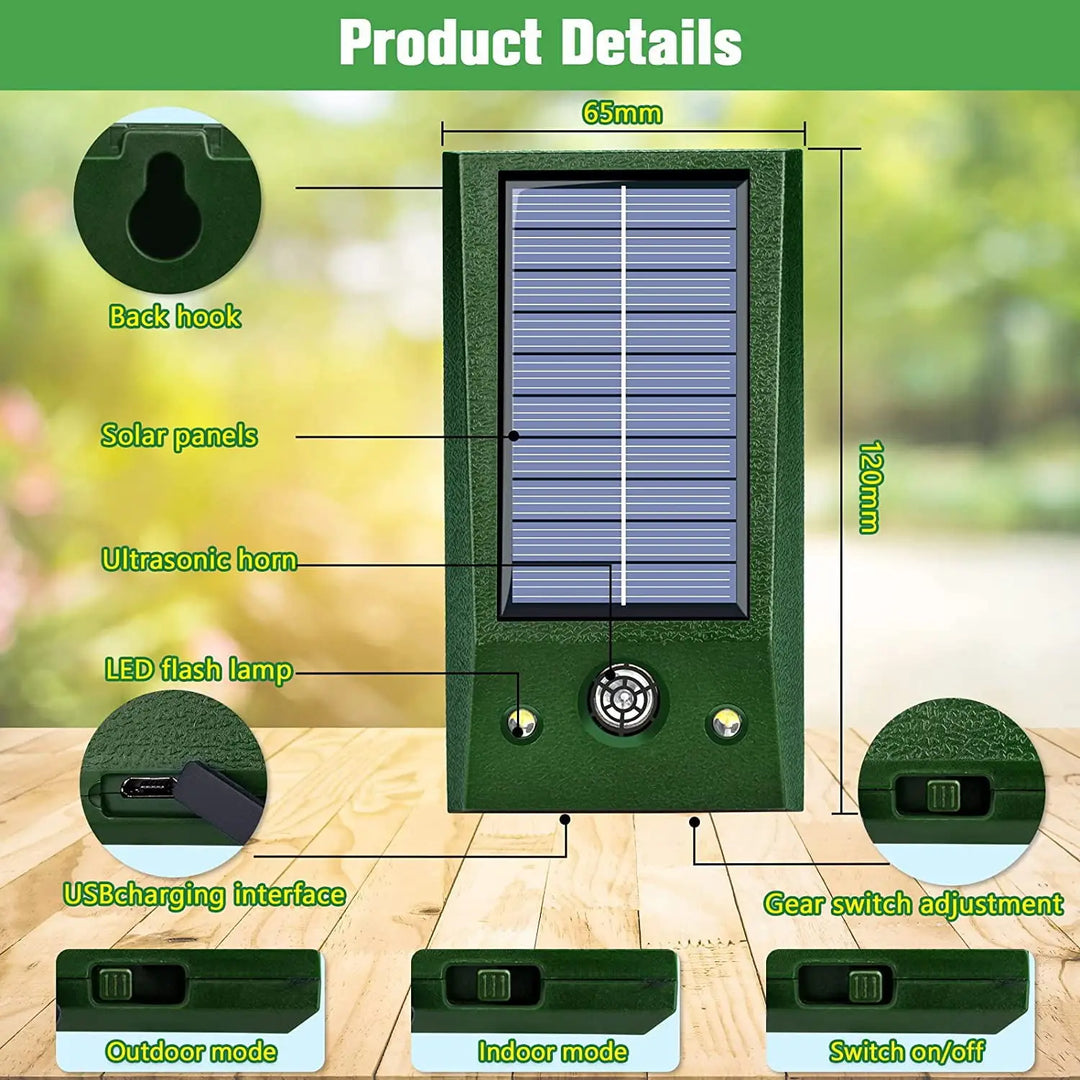 SolarGuardix Émetteur Ultrasonique de Dissuasion des Oiseaux Solaire | Avec LED & Détecteur de Mouvement | Étanche IP58 | Couverture de 600 m²