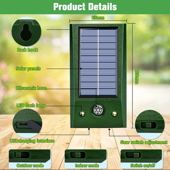 SolarGuardix Émetteur Ultrasonique de Dissuasion des Oiseaux Solaire | Avec LED & Détecteur de Mouvement | Étanche IP58 | Couverture de 600 m²