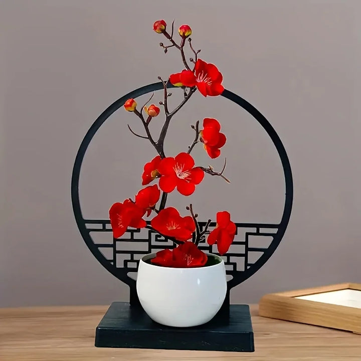 Kunst-Bonsai Prunus Élégance | Design de fleurs de prunier | Avec socle décoratif en paravent | 32 cm décoration de table