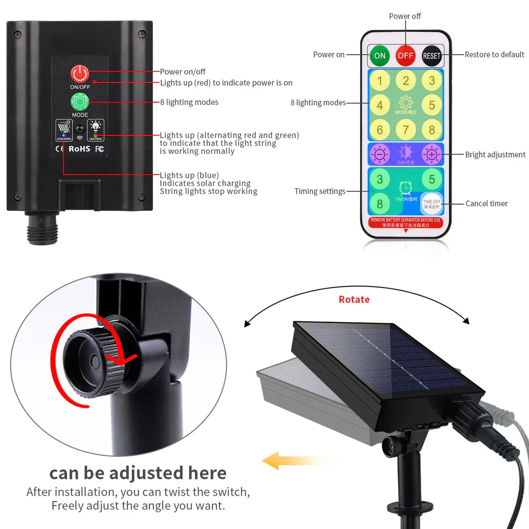 Guirlande lumineuse solaire 100M LumiSol ProLine | 8 modes | IP65 étanche | LEDs extra brillantes | Télécommande & Charge rapide | Pour jardin, mariage & Noël