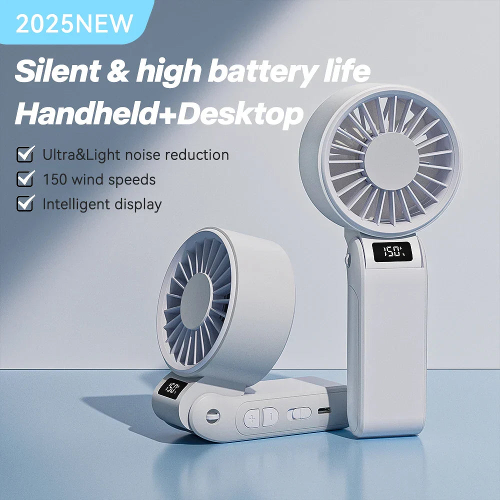 ZephyrAir Ventilateur pliable silencieux | Rechargeable par USB 3000 mAh | Mini ventilateur à main avec 3 couleurs de lumière et affichage de l'air