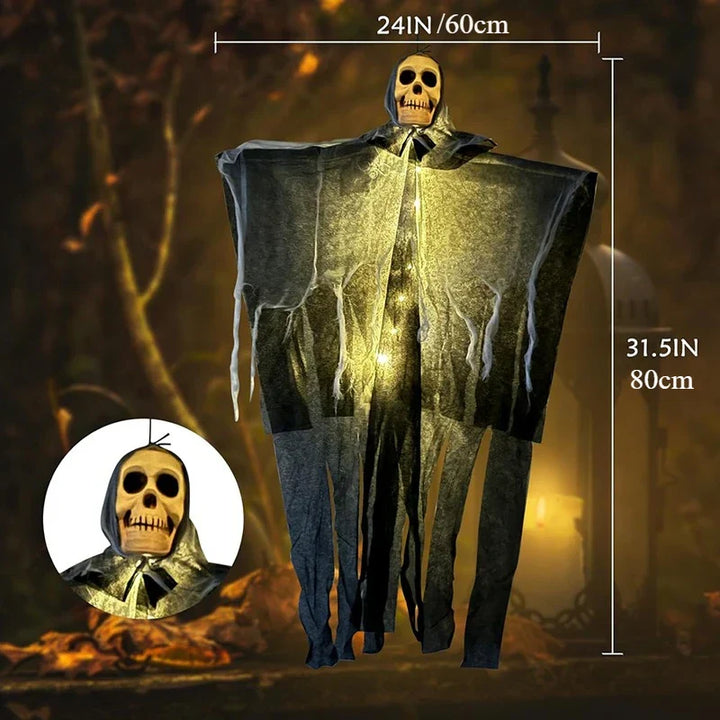 Décoration Halloween GloomyGhost | Fantôme crâne lumineux | Figurine suspendue avec LED | 57 × 80 cm