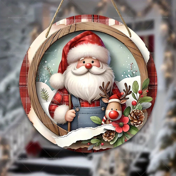 Panneau de Noël en Bois | Suspension Ronde avec Bonhomme de Neige & Père Noël | Décoration de Porte & Mur