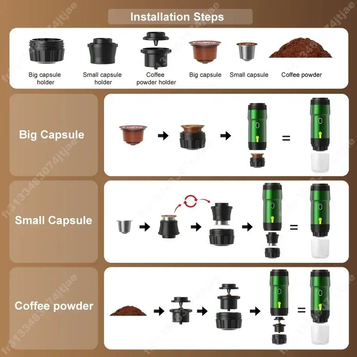 Machine à expresso portable | 3-en-1 capsules & poudre | Pression de 15 bars | Pour voiture, voyage & maison
