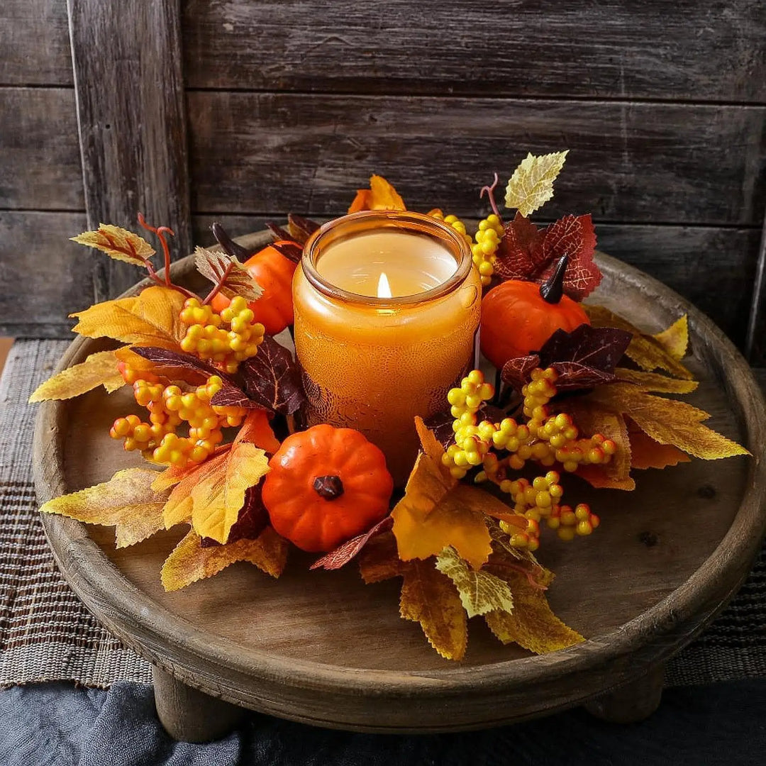 Couronne de bougies HarvestGlow | 25 cm de diamètre extérieur | Feuilles d'érable, citrouilles & baies | Décoration d'automne