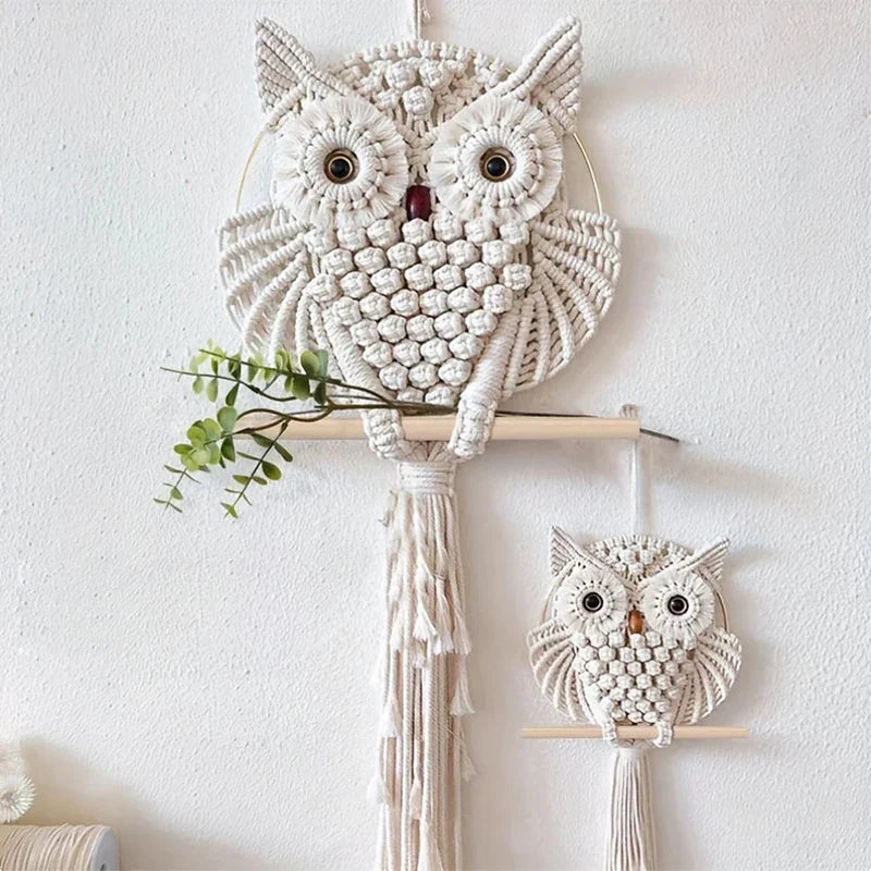 Tenture murale en macramé Hibou de Sagesse | Fait main en corde de coton | Décoration Boho | 15×45 cm / 30×80 cm