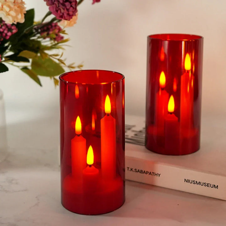 LumièreTrio Bougie LED-Stumpenkerze avec 3 mèches | 7,5 × 15 cm | Télécommande & Minuteur | Lumière chaude vacillante | Design en acrylique
