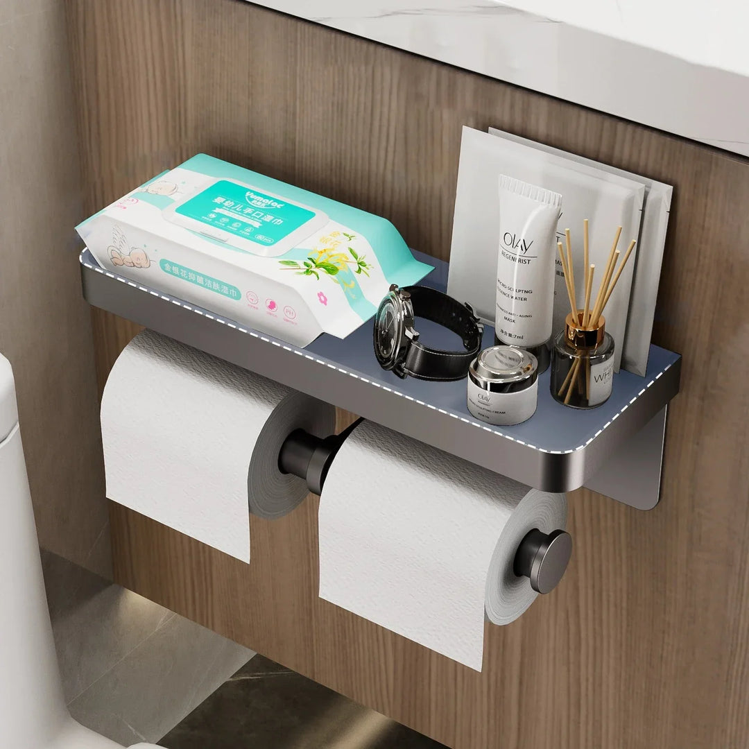 Support de papier toilette mural | Alliage d'aluminium | Sans perçage | Gris/Noir/Blanc