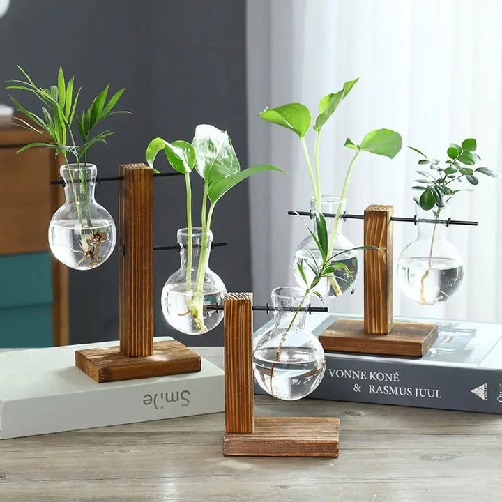 Vase en verre Naturiva Design avec cadre en bois | Pour fleurs coupées & hydroponie | Style scandinave | Ensemble de 3 pièces