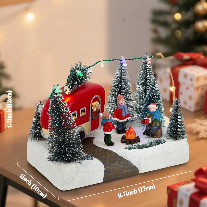 Figurine de Noël HolidayCamper | Scène de camping LED avec musique | Maison décorative de Noël avec enfants et feu de camp | Fonctionne sur piles