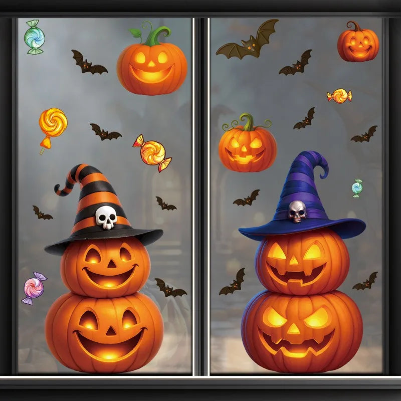 Autocollants de fenêtre SpookyPumpkins | Autocollants de décoration d'Halloween | Citrouille, chat & fantôme | Réutilisables & adhésifs statiques