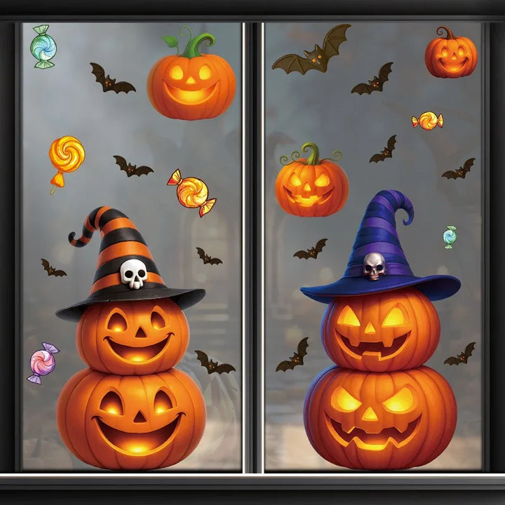 Autocollants de fenêtre SpookyPumpkins | Autocollants de décoration d'Halloween | Citrouille, chat & fantôme | Réutilisables & adhésifs statiques