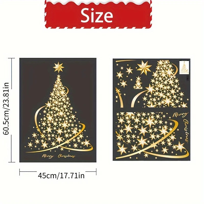 Autocollants de fenêtre GloriaTree | Set de 2 arbres de Noël dorés | Décoration PVC réutilisable pour verre et fenêtres