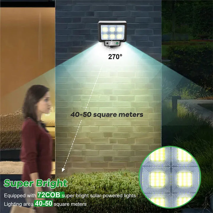 LumoVolt Lumière Solaire avec Détecteur de Mouvement | 72 LED COB | Télécommande & Câble de Panneau Solaire de 5 m | 3 Modes | Résistant aux Intempéries IP65