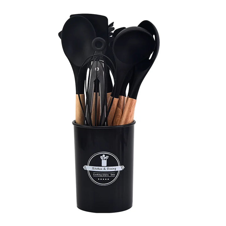 Ensemble d'ustensiles de cuisine en silicone Culinora | Résistant à la chaleur jusqu'à 230 °C | 12 pièces avec poignées en bois | Fouet, spatule, pince & plus
