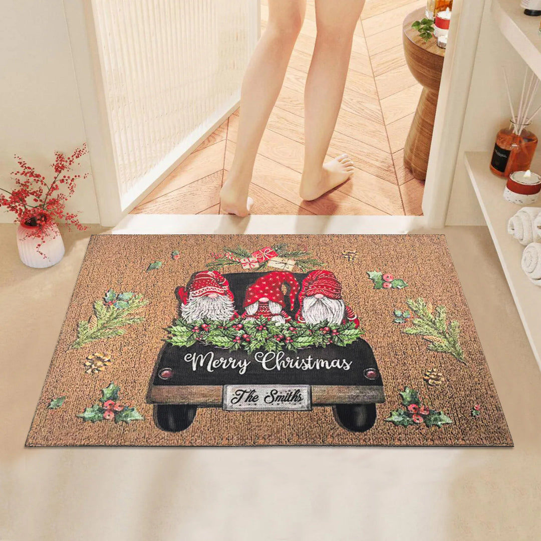 Tapis de Noël | Tapis rouge avec motif de Père Noël et nains | Antidérapant & Absorbant | Intérieur & Extérieur