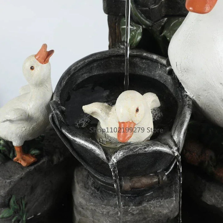 Fontaine Deko Solaire Lunaverde Canard & Écureuil | Figurine de jardin avec lumière LED | Résine synthétique résistante aux intempéries | Pour terrasse & balcon