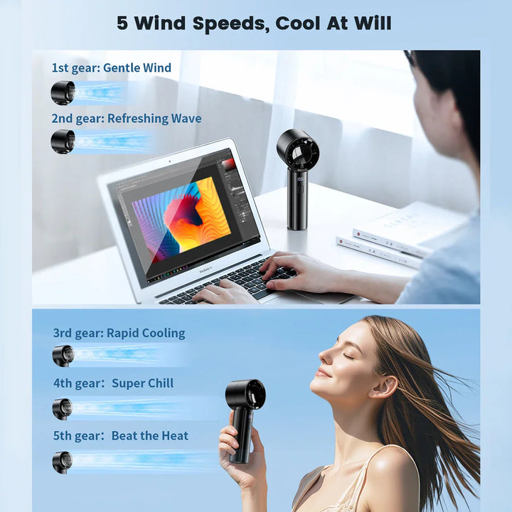 Aeriolo Ventilateur portable à main avec batterie de 4000 mAh | 5 niveaux & 100 niveaux d'intensité | Affichage numérique & double flux d'air pour l'extérieur & les voyages