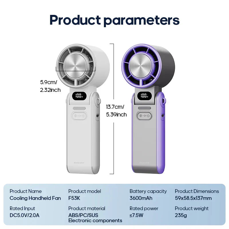 CoolityGo Ventilateur à main avec technologie Ice-Cool | 100 niveaux de vitesse | Batterie de 3600mAh | Pliable et ultraléger