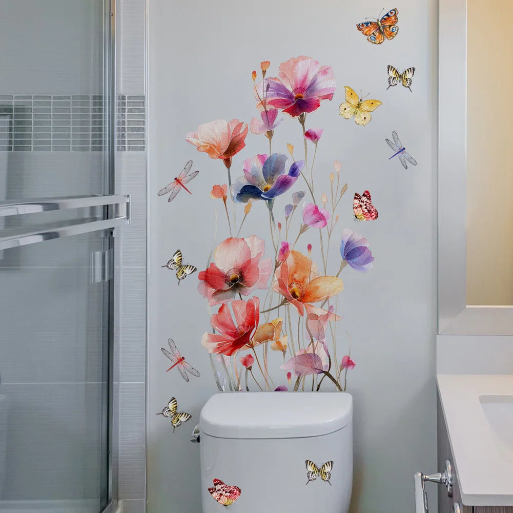 Autocollant mural Lunaflora | Fleurs aquarelle & papillons | Amovible & étanche | PVC 42×50 cm