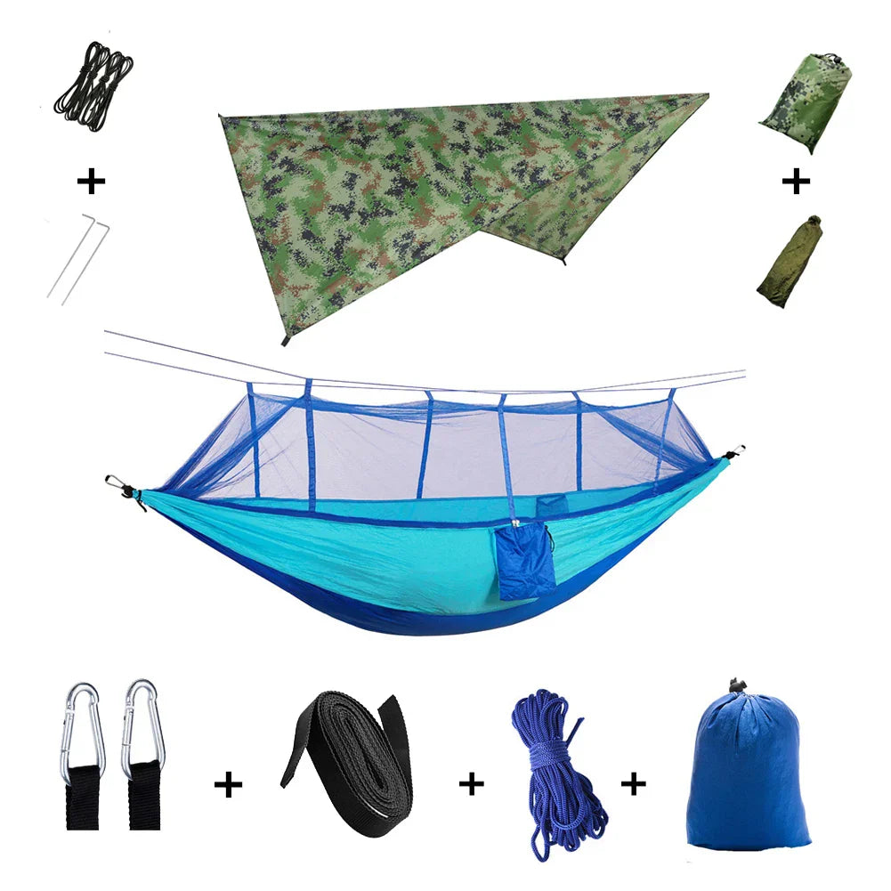 Trekviva Hamac de Camping | Filet anti-moustiques intégré & Tarp de pluie | Ultra léger & Résistant | Solution 3-en-1 pour l'extérieur