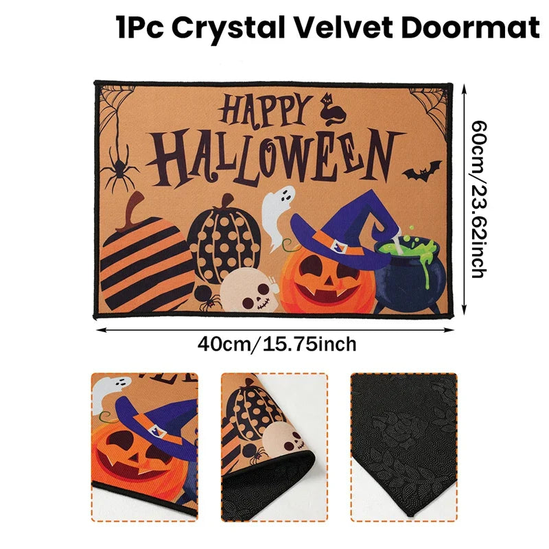 Tapis d'entrée Halloween SpookyHome | Velours Cristal | Citrouilles & Fantômes | Antidérapant & Doux