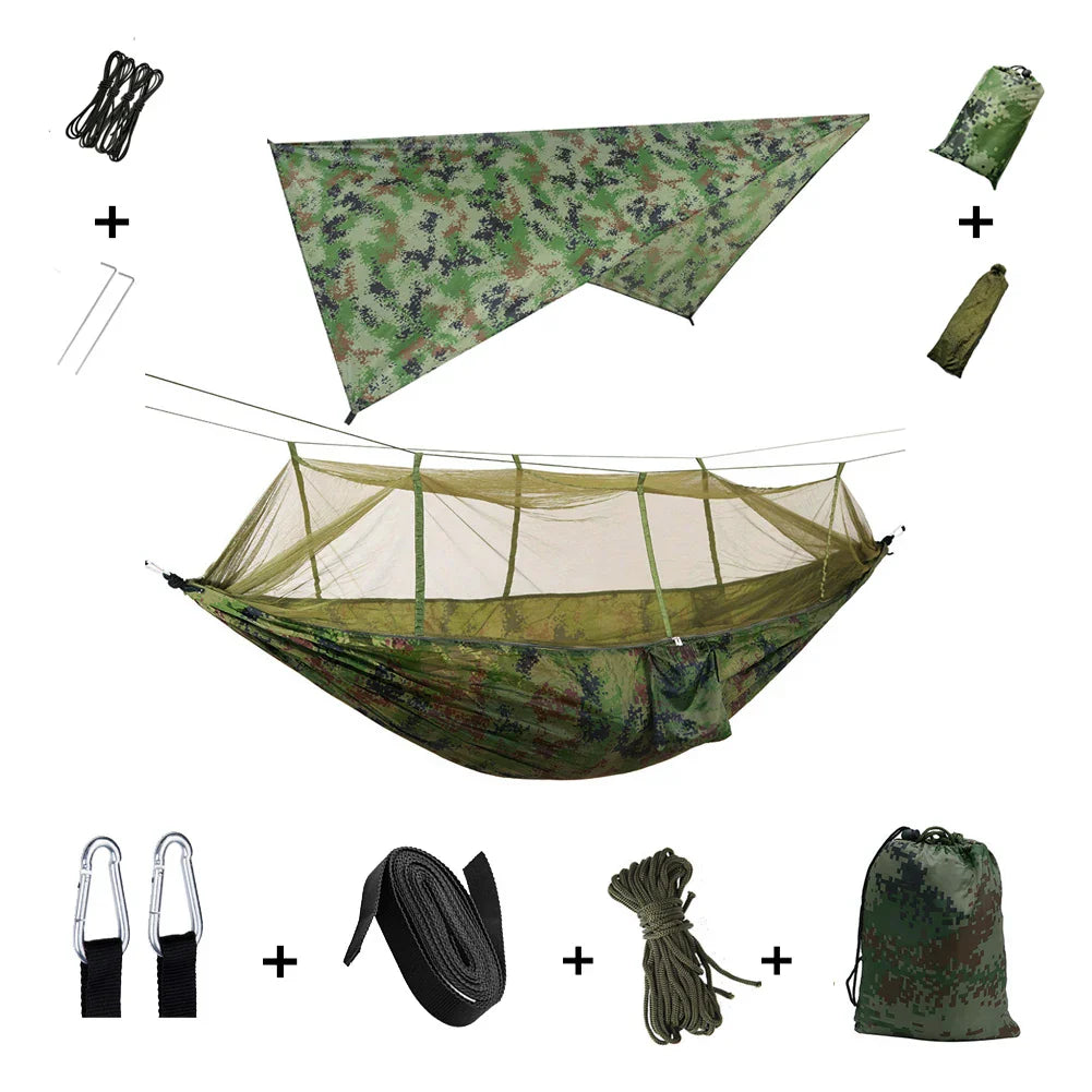 Trekviva Hamac de Camping | Filet anti-moustiques intégré & Tarp de pluie | Ultra léger & Résistant | Solution 3-en-1 pour l'extérieur