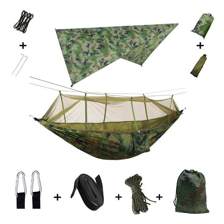 Trekviva Hamac de Camping | Filet anti-moustiques intégré & Tarp de pluie | Ultra léger & Résistant | Solution 3-en-1 pour l'extérieur