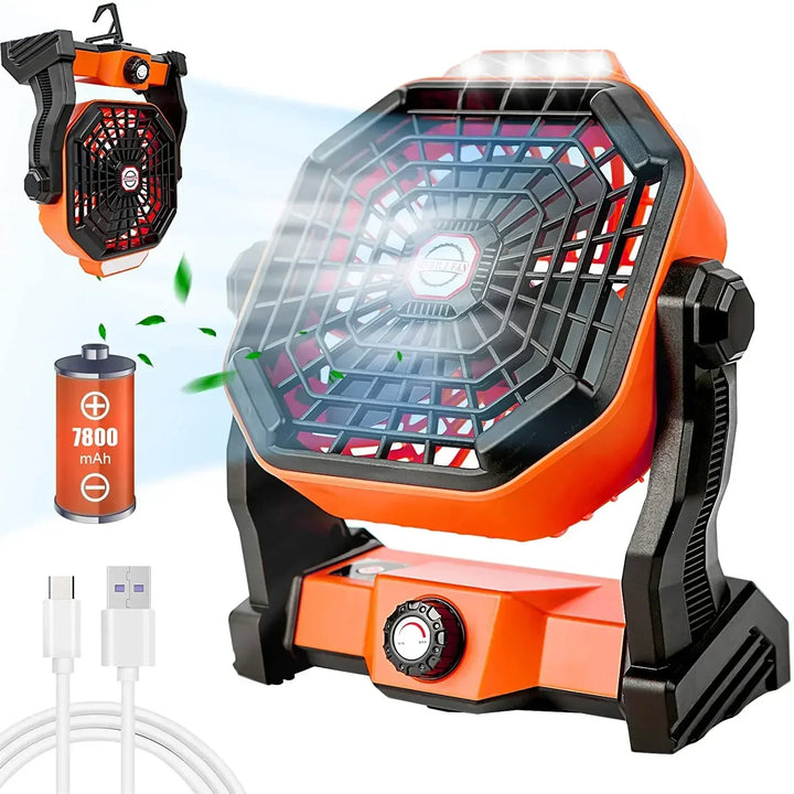 Campora BreezeLight | Ventilateur de camping 2-en-1 avec lampe LED | Batterie de 7800 mAh | Rotatif à 270° | Rechargeable par USB | Pour tente, extérieur & voyages