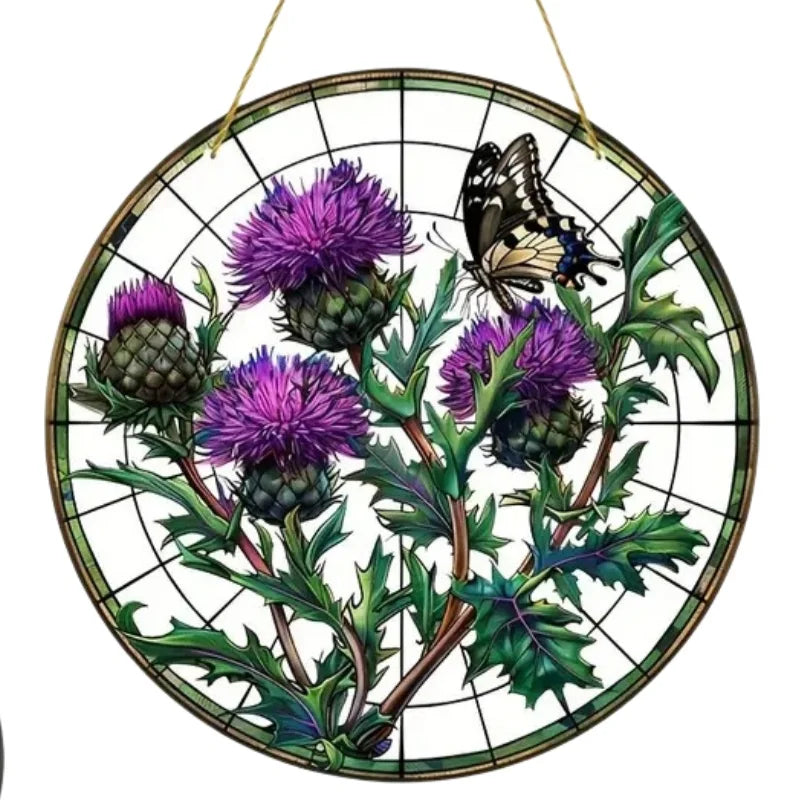 Attrape-Soleil ThistleLight | Décoration de fenêtre en acrylique ronde avec motif de chardon | 15–20 cm | Peint à la main & translucide