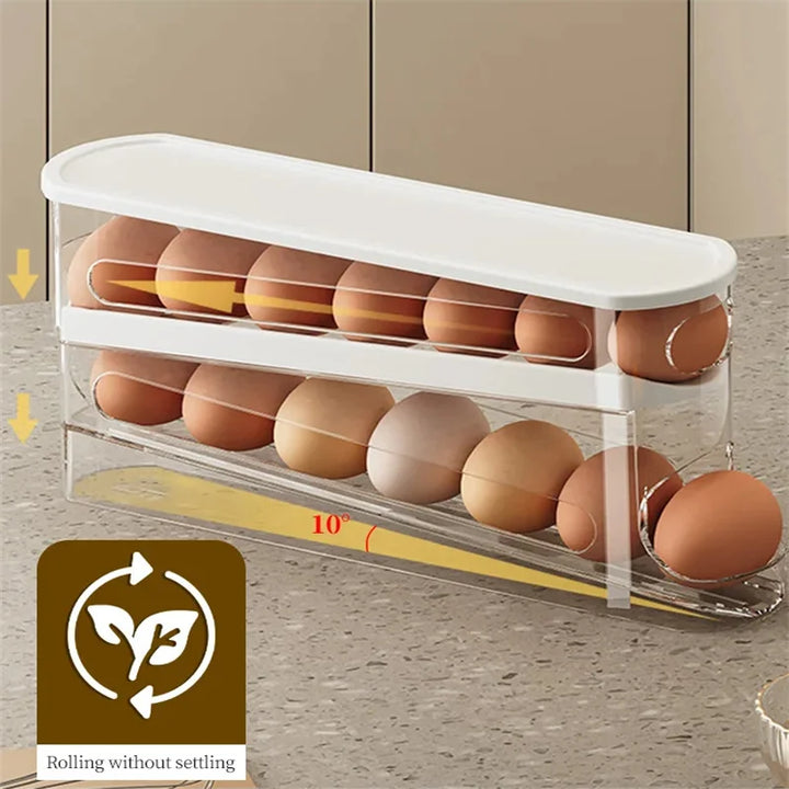 Support à œufs ROLLEVO 2 niveaux | Fonction de rouleau automatique | Gain de place pour 14 œufs | Pour réfrigérateur et garde-manger | 31 x 9,5 x 10 cm