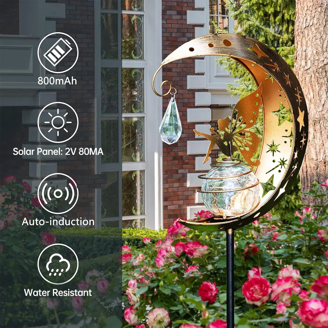 Lunafeya Lampe de jardin solaire avec Lune & Fée | Boule en verre fissuré | Étanche IP55 | Décoration romantique pour chemin & parterre