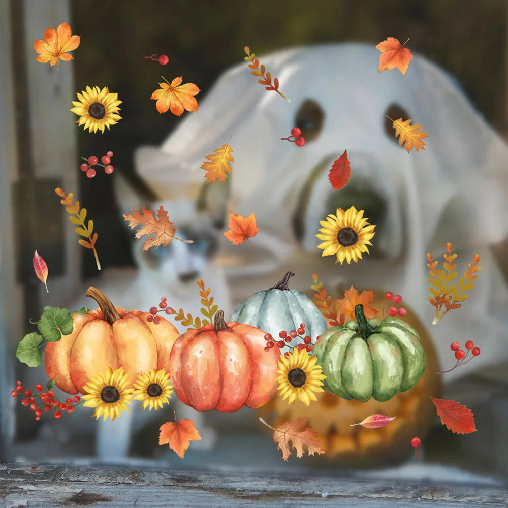 Autocollants de fenêtre d'automne LeafyCharm | Motifs de citrouilles et de feuilles | Décoration réutilisable | Pour la maison et le bureau