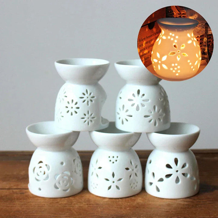 LumiLeaf Lampe à parfum | Céramique faite à la main | Motif floral creux | Pour huiles et cires parfumées