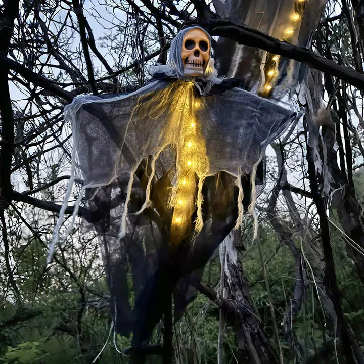 Décoration Halloween GloomyGhost | Fantôme crâne lumineux | Figurine suspendue avec LED | 57 × 80 cm