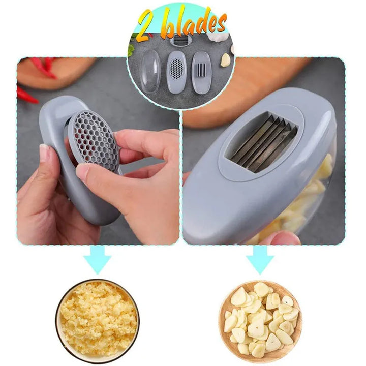 GarliQ Hachoir à Ail 2-en-1 | Trancheuse & Fonction Presse | Lame en Acier Inoxydable & Poignée en Silicone | Lavable au Lave-Vaisselle | 11 × 4,5 × 6,5 cm