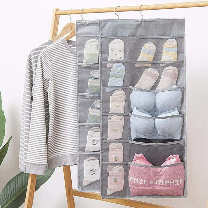 ClosetEase Organisateur de Lingerie Suspendu | Double Face & Pliable | 39×78 cm | Tissu Oxford Gris
