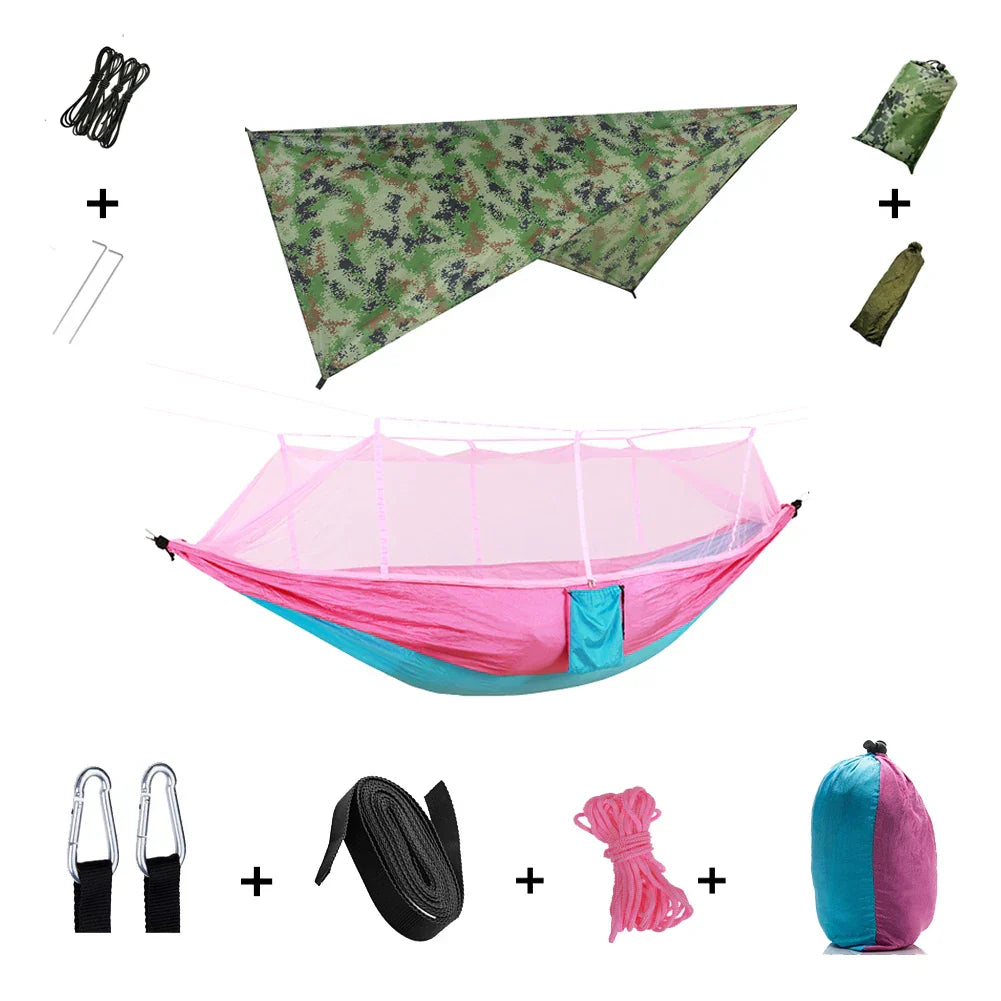 Trekviva Hamac de Camping | Filet anti-moustiques intégré & Tarp de pluie | Ultra léger & Résistant | Solution 3-en-1 pour l'extérieur