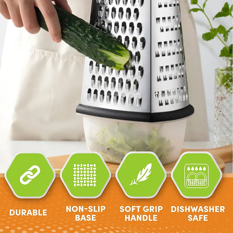 Gratello Râpe de cuisine 4-en-1 avec récipient et couvercle | Acier inoxydable & base antidérapante | Pour fromage, légumes, agrumes & plus | 22 × 11 × 9 cm