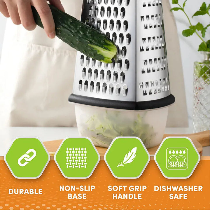 Gratello Râpe de cuisine 4-en-1 avec récipient et couvercle | Acier inoxydable & base antidérapante | Pour fromage, légumes, agrumes & plus | 22 × 11 × 9 cm