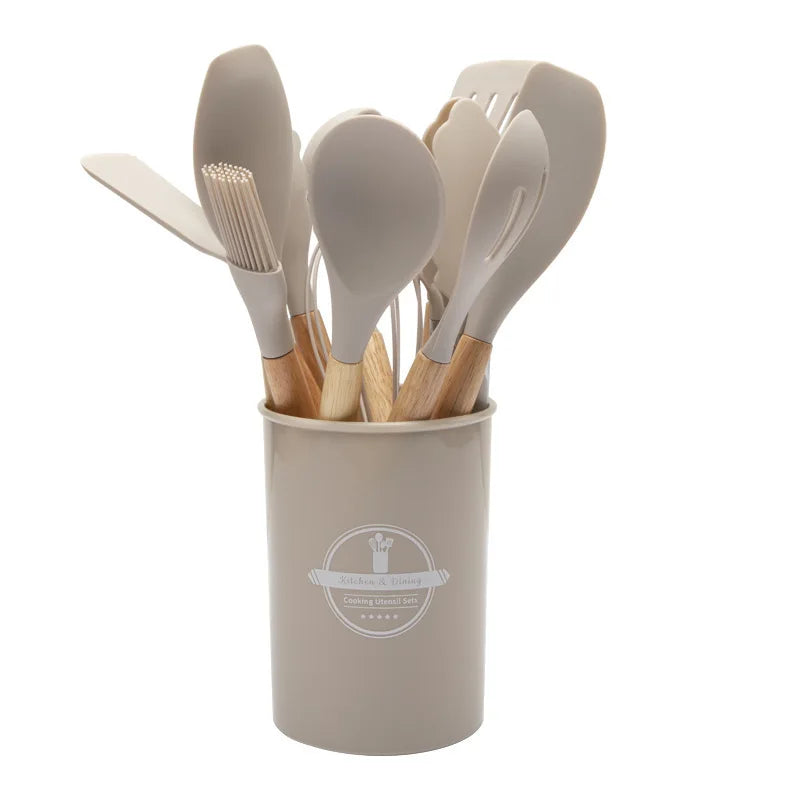 Ensemble d'ustensiles de cuisine en silicone Culinora | Résistant à la chaleur jusqu'à 230 °C | 12 pièces avec poignées en bois | Fouet, spatule, pince & plus