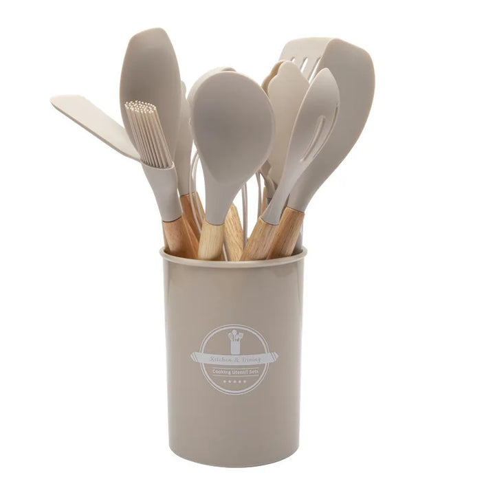 Ensemble d'ustensiles de cuisine en silicone Culinora | Résistant à la chaleur jusqu'à 230 °C | 12 pièces avec poignées en bois | Fouet, spatule, pince & plus