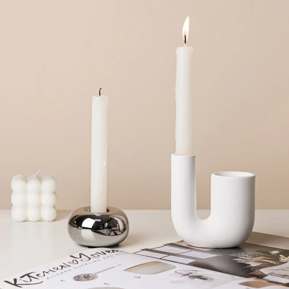 LUXORA Porte-bougie | Forme cylindrique | Argenté | Décoration moderne en céramique