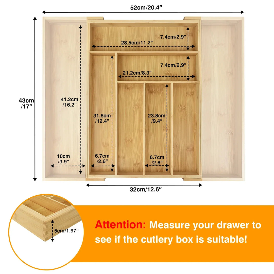 Bambusio Boîte à couverts en bambou | Extensible 32–52 cm | 6–8 compartiments | Organisateur de tiroir durable pour la cuisine, la salle de bain et le bureau