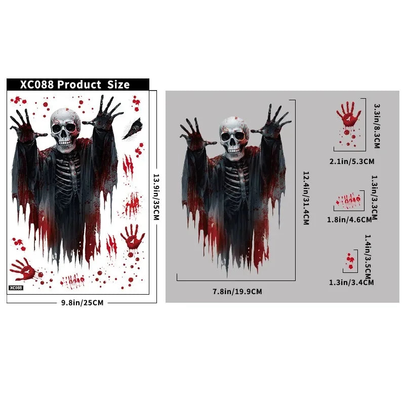 Autocollants de fenêtre HorrorPumpkins | Ensemble d'autocollants Halloween | Citrouille, crâne, empreintes de mains ensanglantées & chauves-souris | Réutilisables