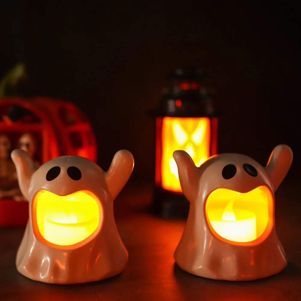Lampe à bougie Halloween SpookyGlow | Lumière LED vacillante Blanc chaud | Fonctionne sur piles | Décoration pour maison, jardin & fête | 8×8 cm