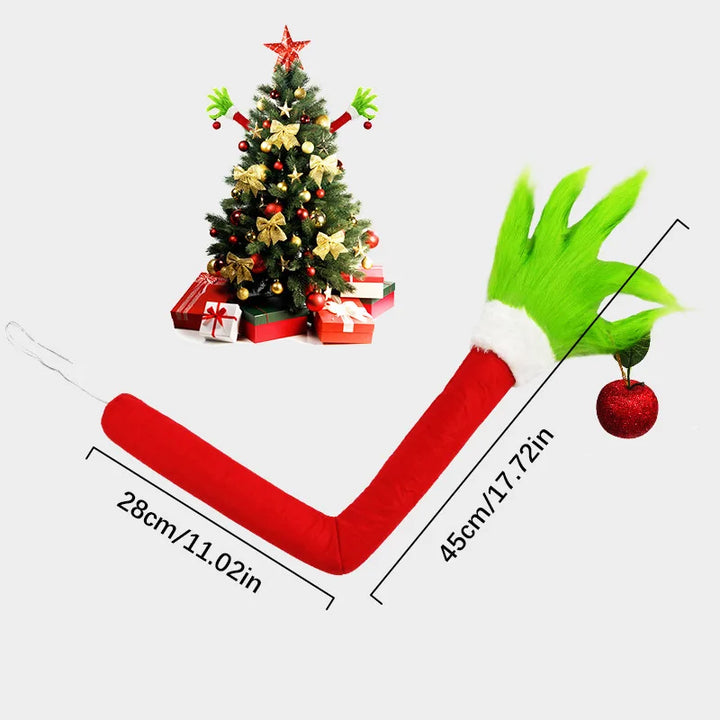 Grincharo | Décoration de Noël Grinch Bras Suspendu | 45 × 18 cm | Monstre en fourrure verte | Décoration amusante pour arbre, porte & voiture